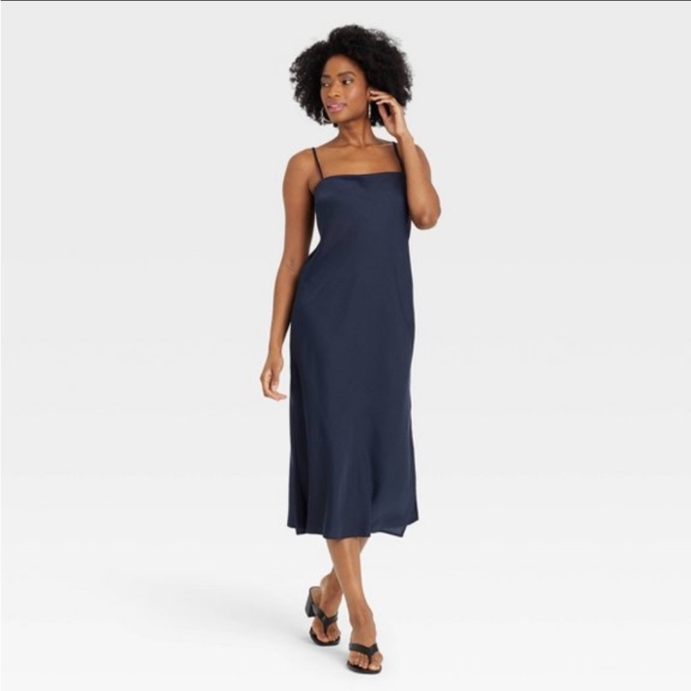 A New Day Navy Blue midi slip satin dress old money business modest holiday